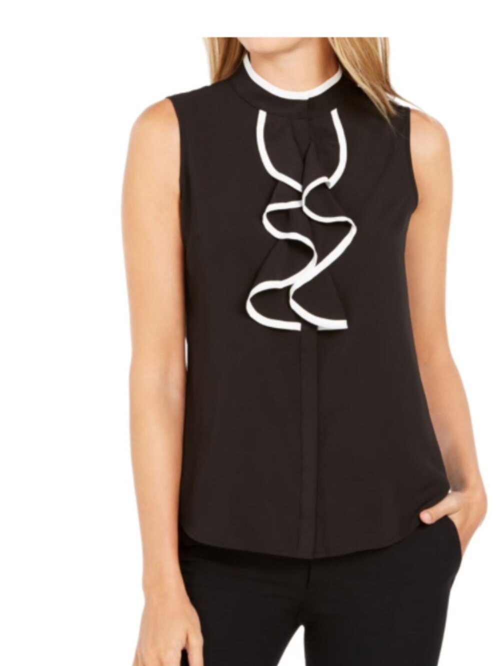 CALVIN KLEIN Women's Sz 2X Sleeveless Blouse Ruffle Trim Black White Career